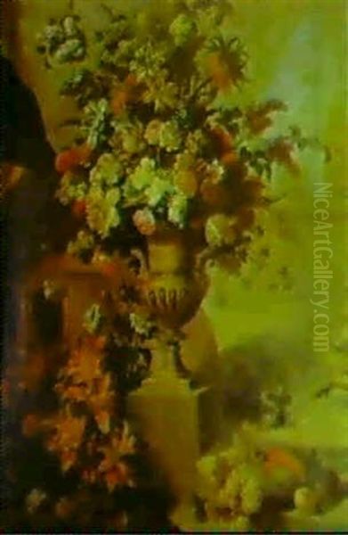 Bouquet De Fleurs Dans Un Vase En Bronze Dore, Sur Fond     D'architecture, Des Fruits Et Une Cassolette... Oil Painting by Jean-Baptiste Monnoyer