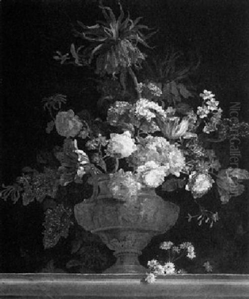 Still Life Of Flowers In A Gilt Urn On A Stone Ledge Oil Painting by Jean-Baptiste Monnoyer