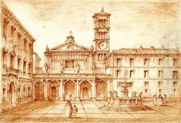 Piazza With Fountain And View Of The Basilica Of Our Lady's In Trastevere Oil Painting by Francesco Galli Bibiena