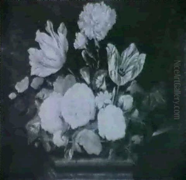 Roses, Carnations And Tulips And Other Flowers On A Dish    On A Ledge Oil Painting by Jean-Baptiste Monnoyer