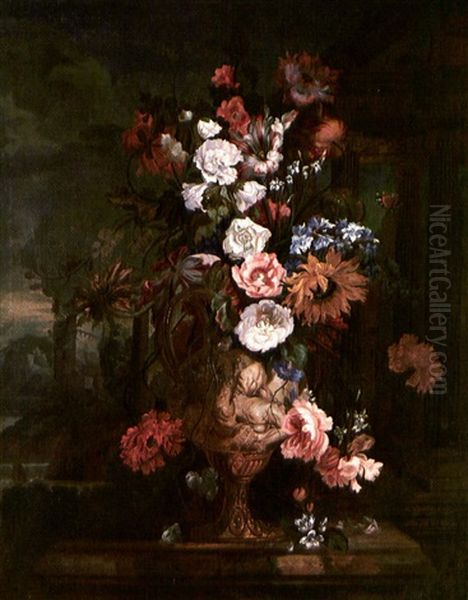 Eleborate Still Life Of Flowers In An Urn A Park Beyond Oil Painting by Jean-Baptiste Monnoyer