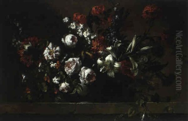 Roses Et Autres Fleurs Dans Une Coupe Sur Une Table En      Pierre Oil Painting by Jean-Baptiste Monnoyer