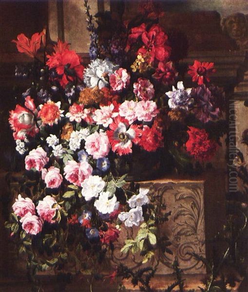 Still Life Of Flowers In A Bowl On A Carved Stone Ledge Oil Painting by Jean-Baptiste Monnoyer