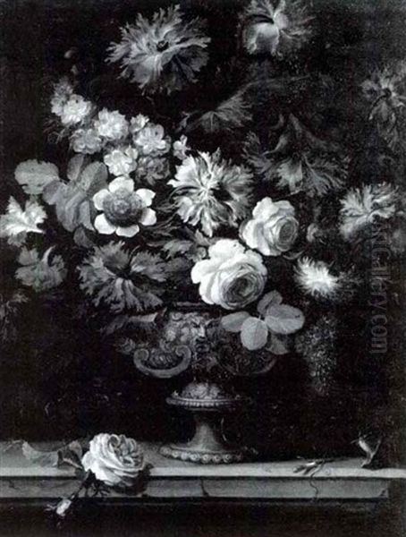 Still Life Of Carnations, Roses And Other Flowers In An     Elaborate Metal Vase On A Ledge Oil Painting by Jean-Baptiste Monnoyer