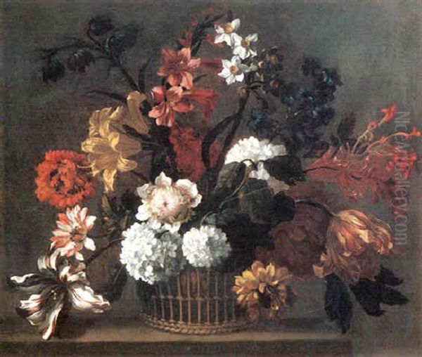 Lilies, Narcissus, Tulips, Hy-drangeas And Other Flowers In A Basket On A Ledge Oil Painting by Jean-Baptiste Monnoyer