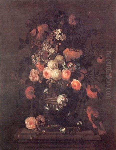 Crown Imperial Lilies, Roses, Morning Glory, Snowballs,     Narcissus, Tulips, Carnations, And Other Flowers In A Vase Oil Painting by Jean-Baptiste Monnoyer