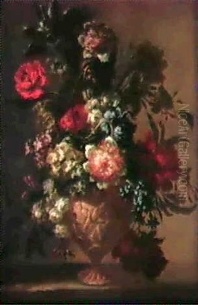 Primeveres, Pivoines, Tulipes,chevrefeuille, Fleurs De      Cerisier Et Jacinthe Dans Une Urne Sculptee Sur Une Corniche Oil Painting by Jean-Baptiste Monnoyer