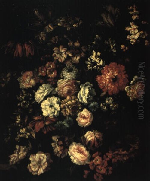 Chrysanthemums And Other Flowers On A Ledge Oil Painting by Jean-Baptiste Monnoyer