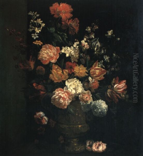 Tulips And Other Flowers In A Sculpted Urn Oil Painting by Jean-Baptiste Monnoyer