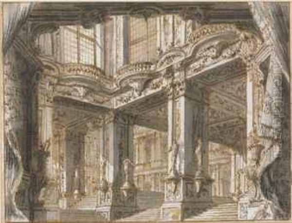 The Courtyard Of A Palace, For A Theatrical Set Oil Painting by Giuseppe Galli Bibiena