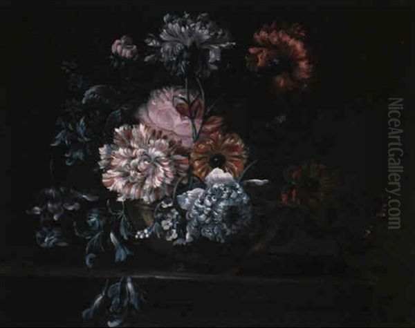 Still Life Of Variegated Carnations And Other Flowers On A  Ledge Oil Painting by Jean-Baptiste Monnoyer