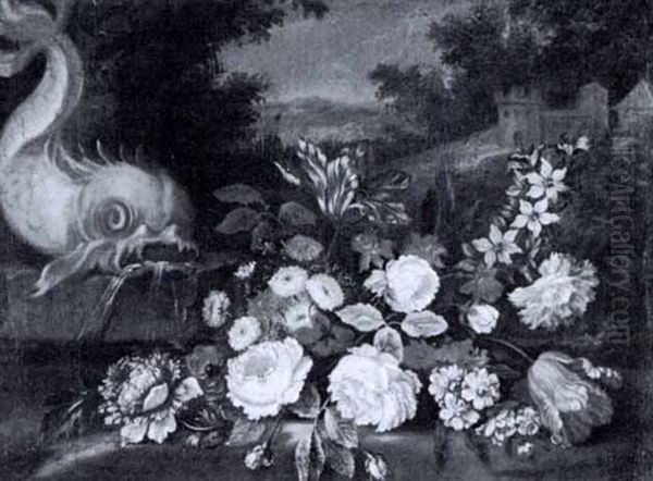 Tulips And Other Flowers On A Ledge By A Fountain In A Landscape Oil Painting by Jean-Baptiste Monnoyer