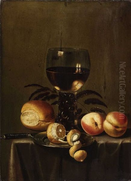 Still Life With Wine Glass, Bread, Lemon And Peaches Oil Painting by  Monogrammist V.S.Z.