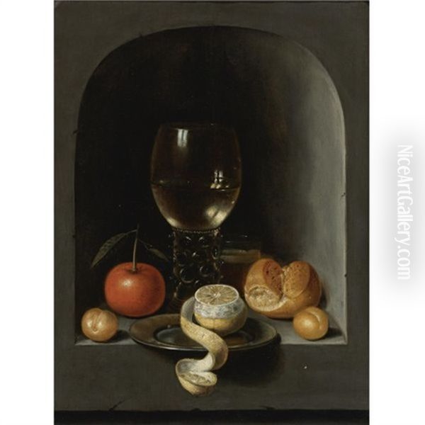 Still Life With An Apple, A Peeled Lemon And A Roemer In A Stone Niche Oil Painting by  Monogrammist V.S.Z.