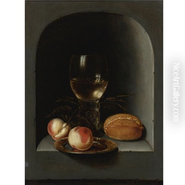 Still Life With Two Peaches And A Roemer In A Stone Niche Oil Painting by  Monogrammist V.S.Z.