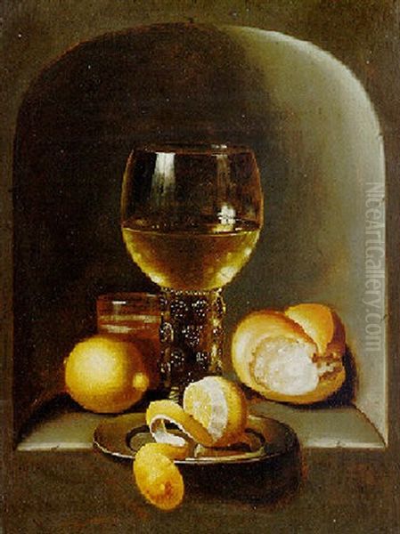 Still Life Of A Roemer, A Peeled Lemon On A Pewter Plate, With Another Lemon, A Bread Roll And A Glass, All In A Stone Niche Oil Painting by  Monogrammist V.S.Z.