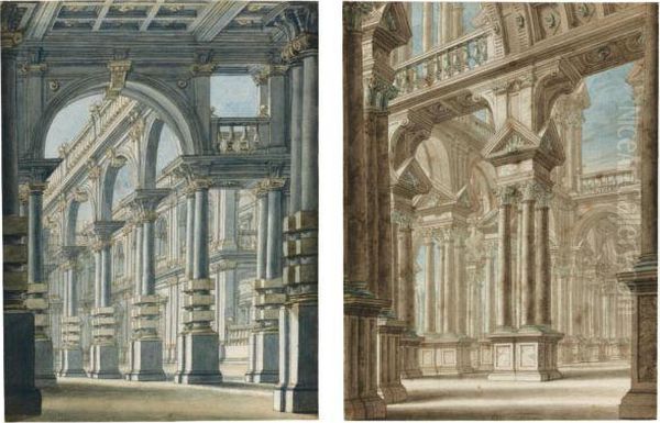 Two Stage Designs With Colonnades Oil Painting by Giuseppe Galli Bibiena