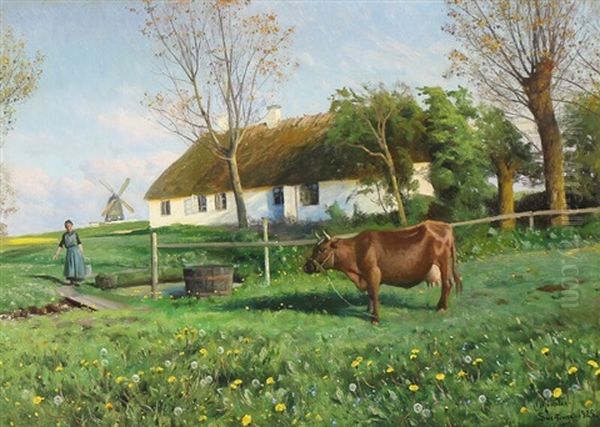 A Milkmaid On Her Way To Milk The Cow Oil Painting by Peder Mork Monsted