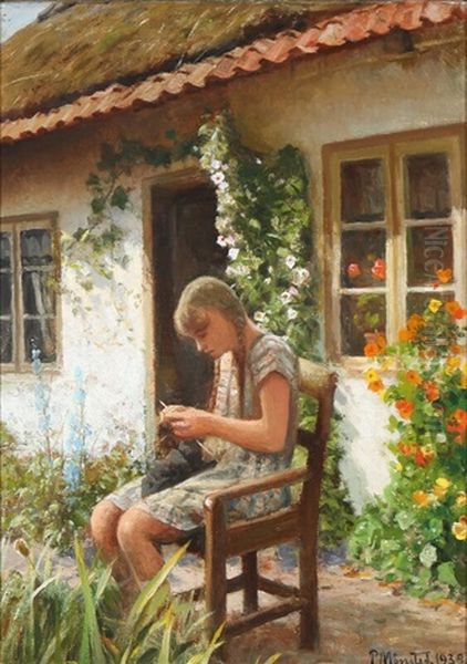 Summer Day With A Young Girl Knitting In Front Of A Thatched Cottage Oil Painting by Peder Mork Monsted