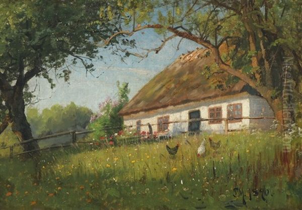 Farmyard Exterior With Chicken Oil Painting by Peder Mork Monsted