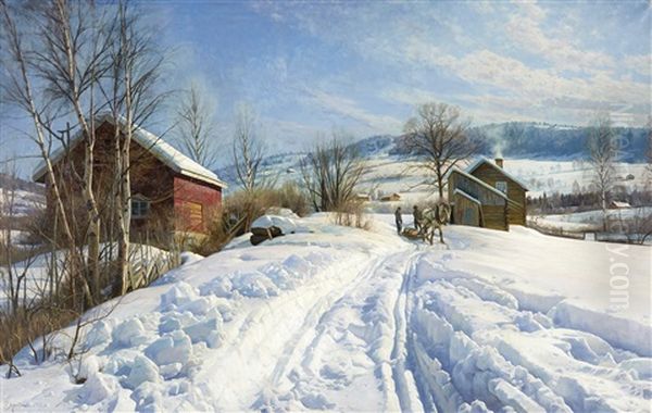 Fjallandskap En Solig Vinterdag Oil Painting by Peder Mork Monsted