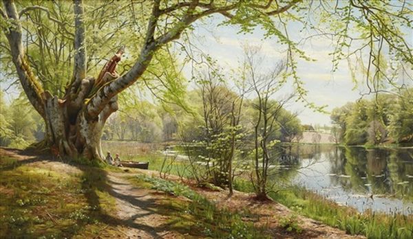 Gronskande Varlandskap Med Sittande Barn Vid Strandkant Oil Painting by Peder Mork Monsted