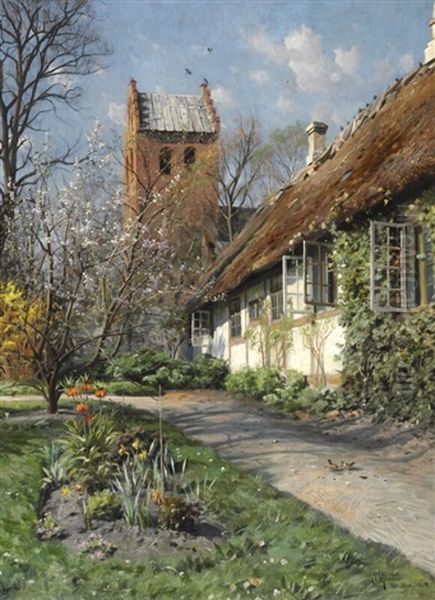 Springtime At Stenlose Church Oil Painting by Peder Mork Monsted