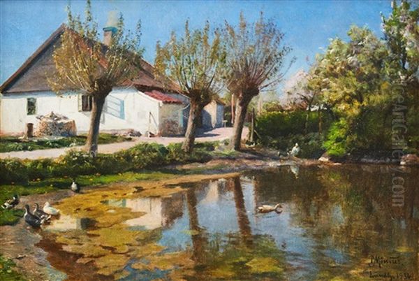 A Summer Day At The Farm - Lundby Oil Painting by Peder Mork Monsted