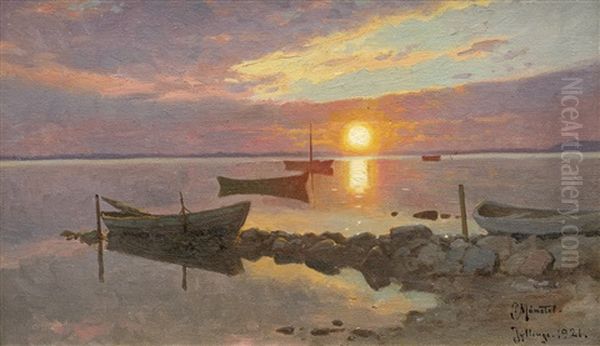 Sonnenuntergang Bei Jyllinge Am Roskilde Fjord Oil Painting by Peder Mork Monsted