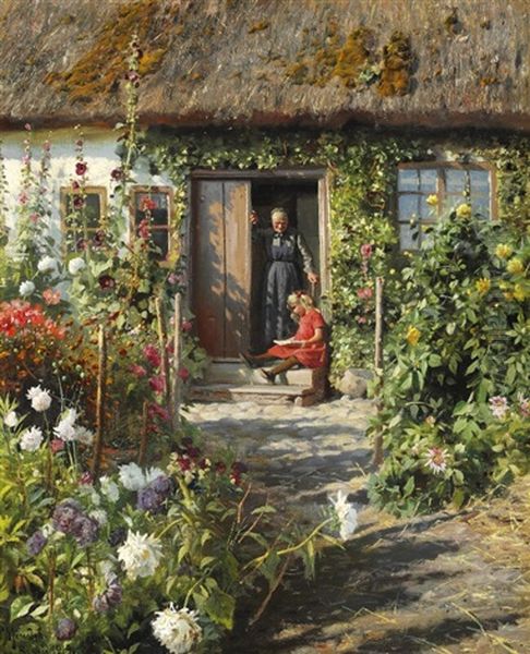 An Old Farmhouse With Grandmother Standing In The Door And A Little Girl Oil Painting by Peder Mork Monsted