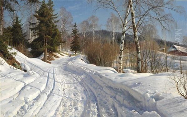 Norwegian Winter Landscape With Children On A Sledging Oil Painting by Peder Mork Monsted