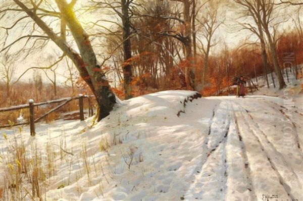 A Snowy Forest Road With A Woman Collecting Firewood Oil Painting by Peder Mork Monsted