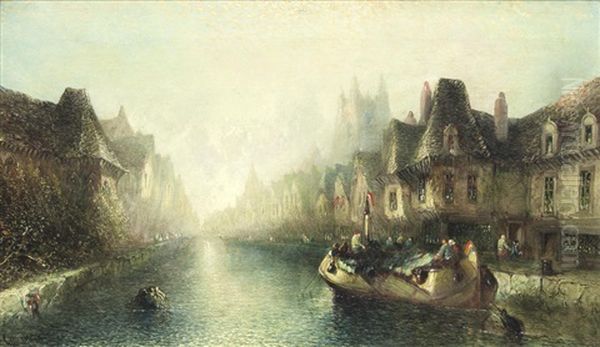 A Barge On A Canal In A Continental Town Oil Painting by Alfred Montague