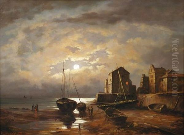 Estuary Scene At Moonlight Oil Painting by Alfred Montague