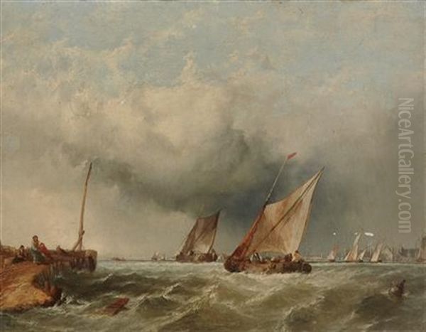 Barges Off The Dutch Coast Oil Painting by Alfred Montague