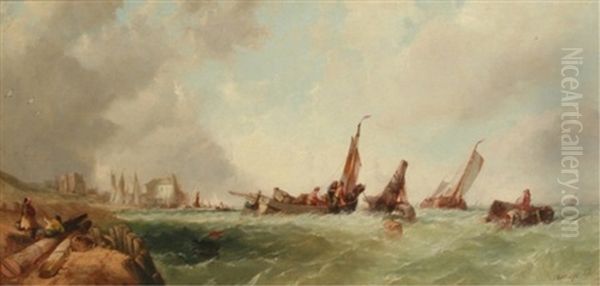 Crab Boats In Bay Oil Painting by Alfred Montague