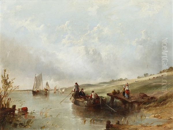 Dutch Landscape With Boats Oil Painting by Alfred Montague