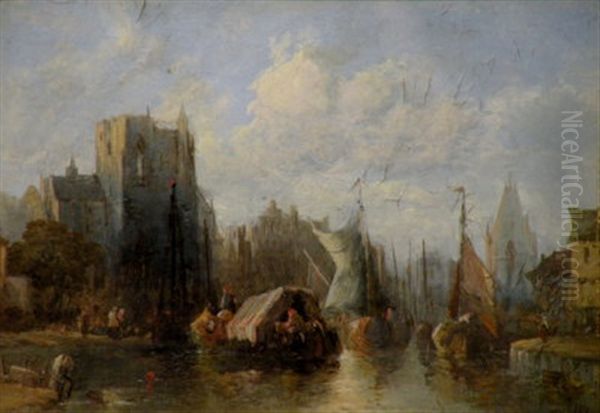 A Dutch Town Scene With Riverside Market (+ A Dutch Harbor Scene; Pair) Oil Painting by Alfred Montague