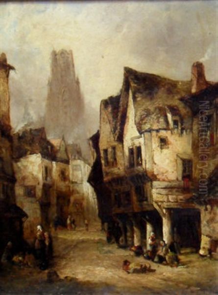 Figures In A Continental City Street Oil Painting by Alfred Montague