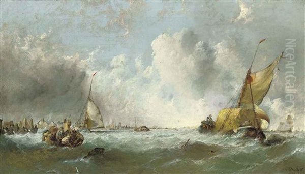 A Hay Barge And A Hulk Off A Rocky Coastline (+ A Hay Barge Leaving A Dutch Harbour On A Blustery Day; Pair) Oil Painting by Alfred Montague