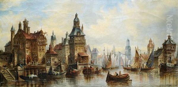 Emden (ansicht Des Hafens Mit Zahlreichen Lastbooten) Oil Painting by Alfred Montague