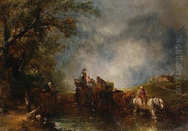 Travelers Crossing A Stream Oil Painting by Alfred Montague