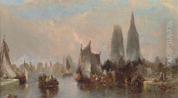 The Port At Rouen (+ The Port At Antwerp; Pair) Oil Painting by Alfred Montague