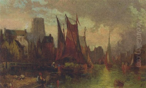 Barges At Dusk In A Continental Port Oil Painting by Alfred Montague