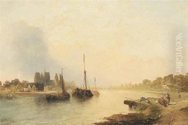 Landschaft An Der Seine. Am Vorderen Ufer Angelnde Kinder Oil Painting by Alfred Montague