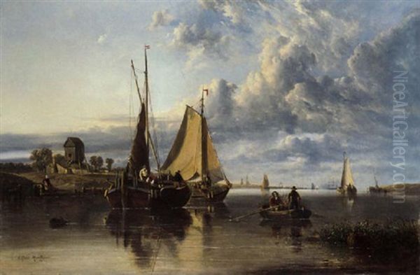 Dutch Barges In A Calm On A River Estuary Oil Painting by Alfred Montague