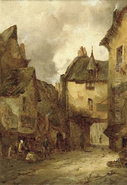 Figures In A Continental Street Oil Painting by Alfred Montague