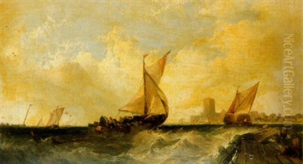 Dutch Boats In Choppy Seas Off The Coast Oil Painting by Alfred Montague