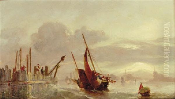 A Fishing Boat By A Harbour Oil Painting by Alfred Montague