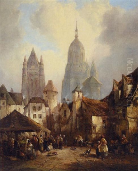 Continental Town Scene With Figures In A Market Square Oil Painting by Alfred Montague